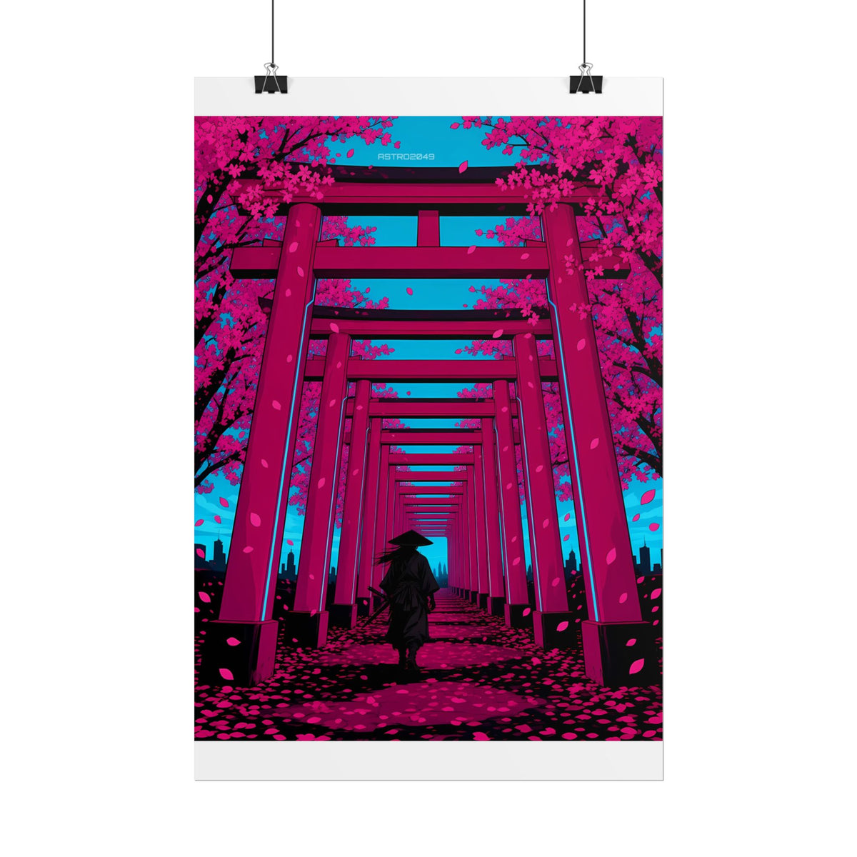 Torii Tunnel Samurai poster hanging above a dark gaming desk with neon lighting, view 3 of 8