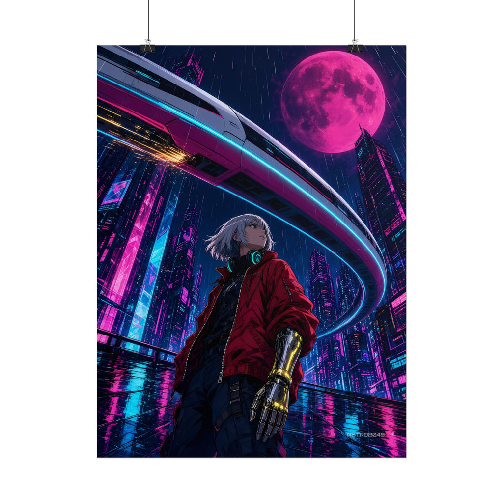 Midnight Monorail poster hanging above a dark gaming desk with neon lighting, view 6 of 8
