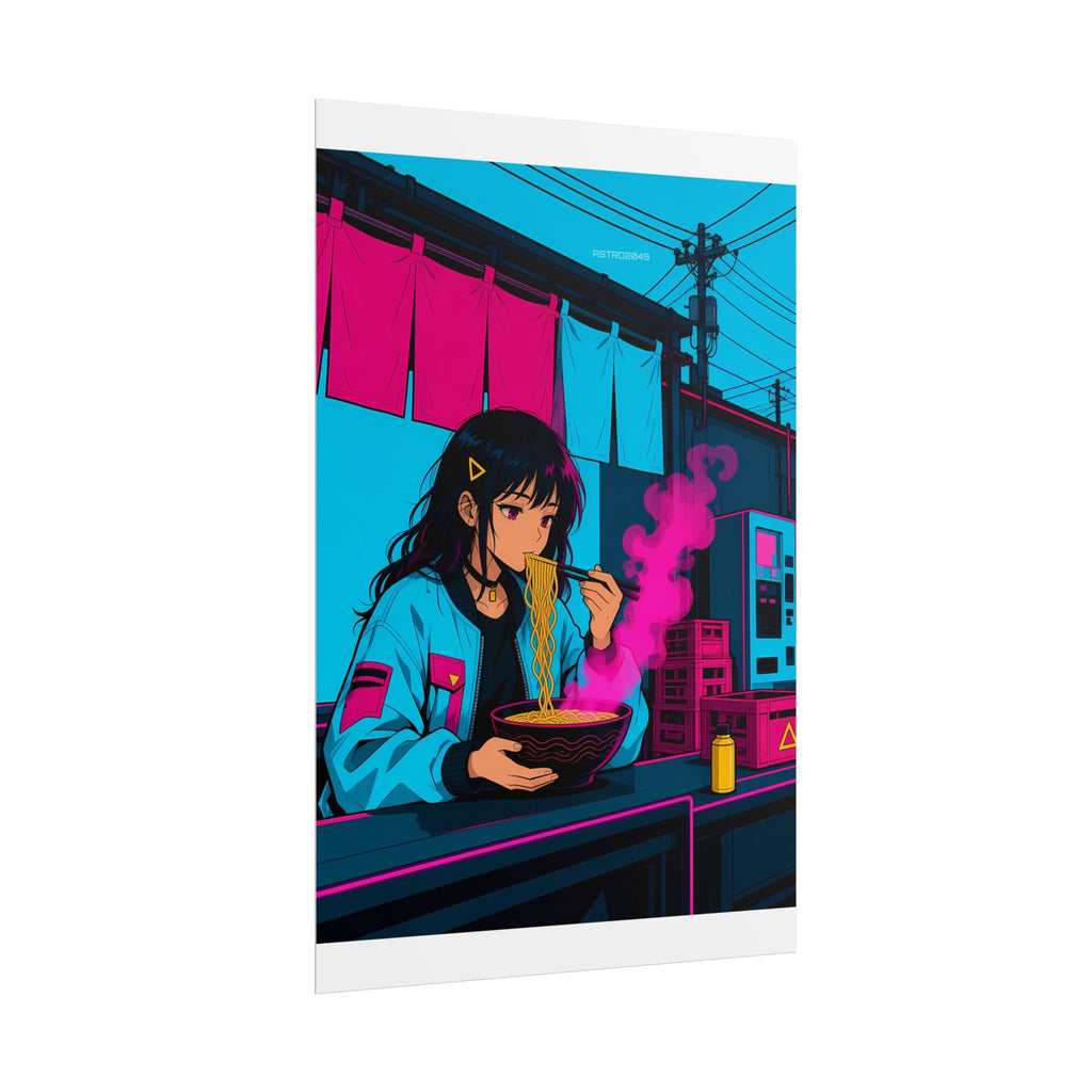 Ramen Stall Messenger poster hanging above a dark gaming desk with neon lighting, view 4 of 8