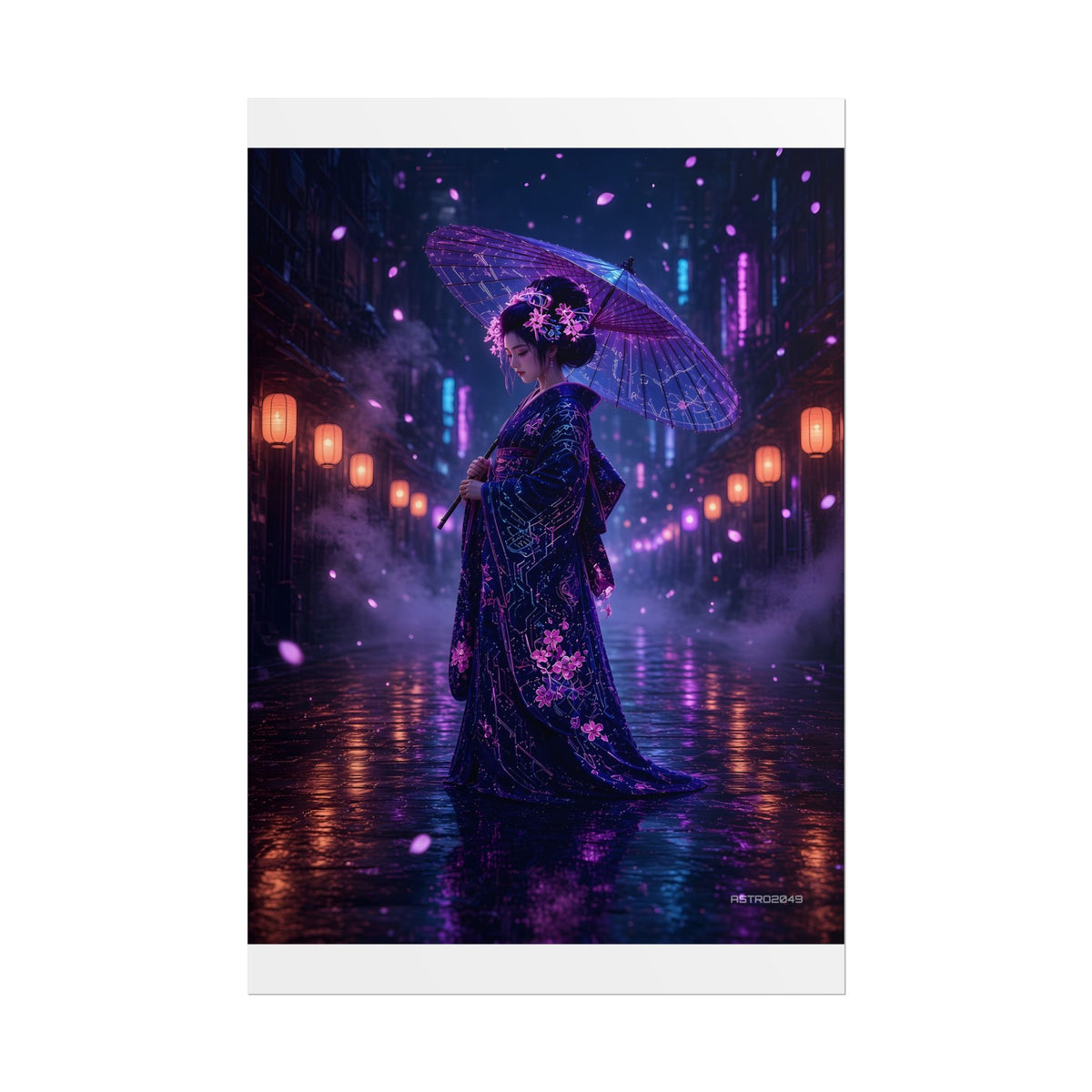 Lantern Rain Geisha matte poster, 12 x 18 in – a neon geisha with a glowing umbrella in a rainy lantern alley, original cyberpunk geisha art by ASTRO2049
