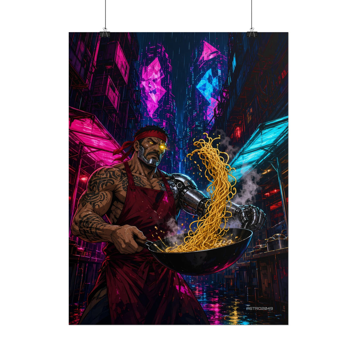 Noodle Bar 2049 poster hanging above a dark gaming desk with neon lighting, view 6 of 8