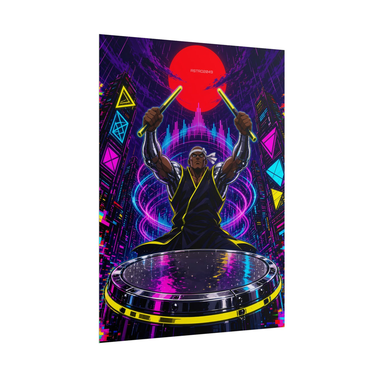 Taiko Thunder 2049 poster hanging above a dark gaming desk with neon lighting, view 7 of 8