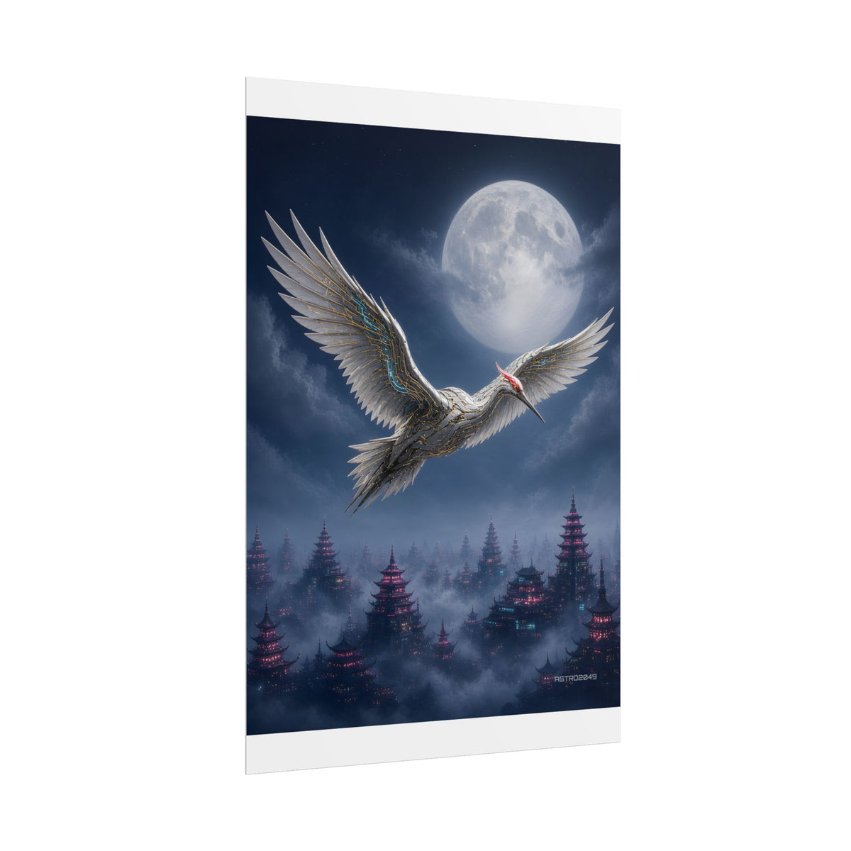 Moon Circuit Crane poster hanging above a dark gaming desk with neon lighting, view 4 of 8