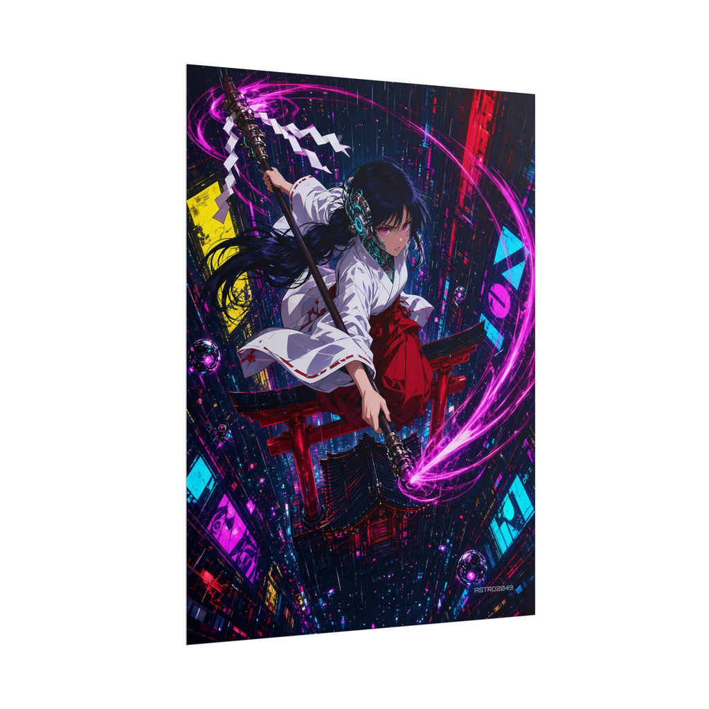 Neon Shrine Maiden poster hanging above a dark gaming desk with neon lighting, view 7 of 8