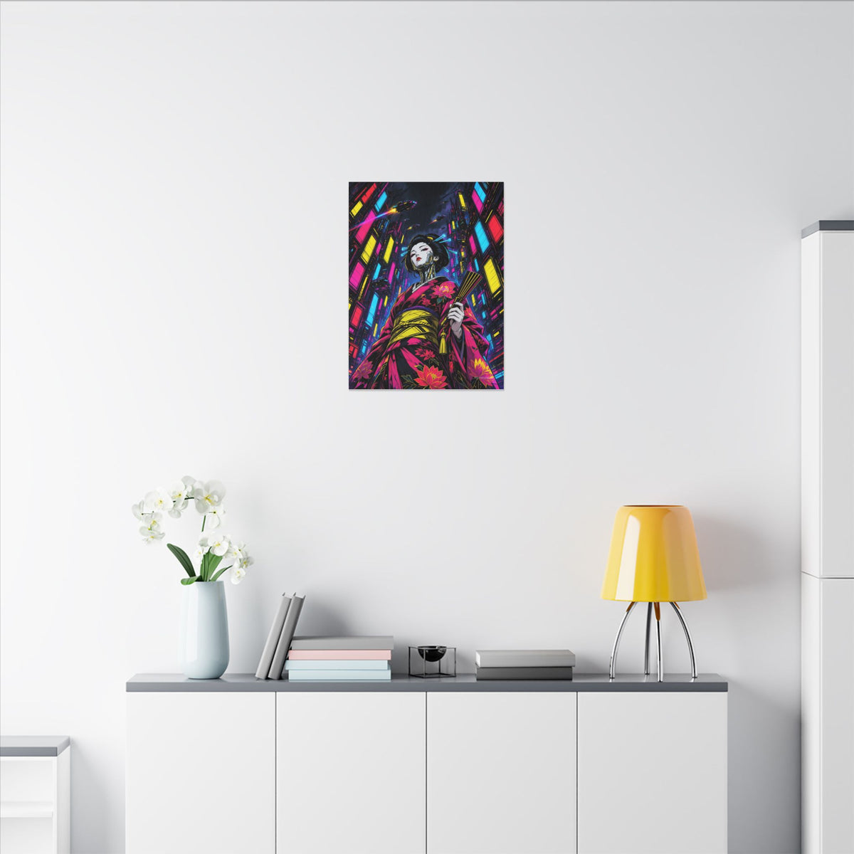 Chrome Lotus Geisha canvas hanging above a dark gaming desk with neon lighting, view 5 of 8