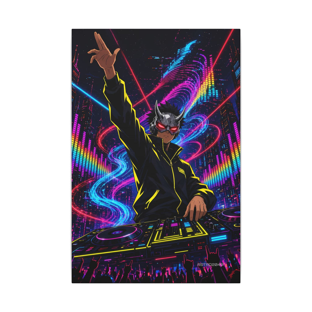 Bassline Oni DJ canvas hanging above a dark gaming desk with neon lighting, view 2 of 8