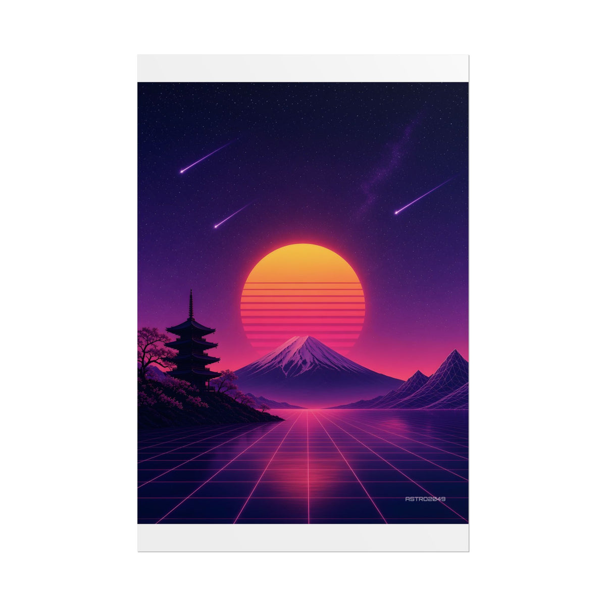 Sunset Pagoda Grid matte poster, 12 x 18 in – a striped synthwave sun over a volcano and a pagoda, original retrowave art by ASTRO2049