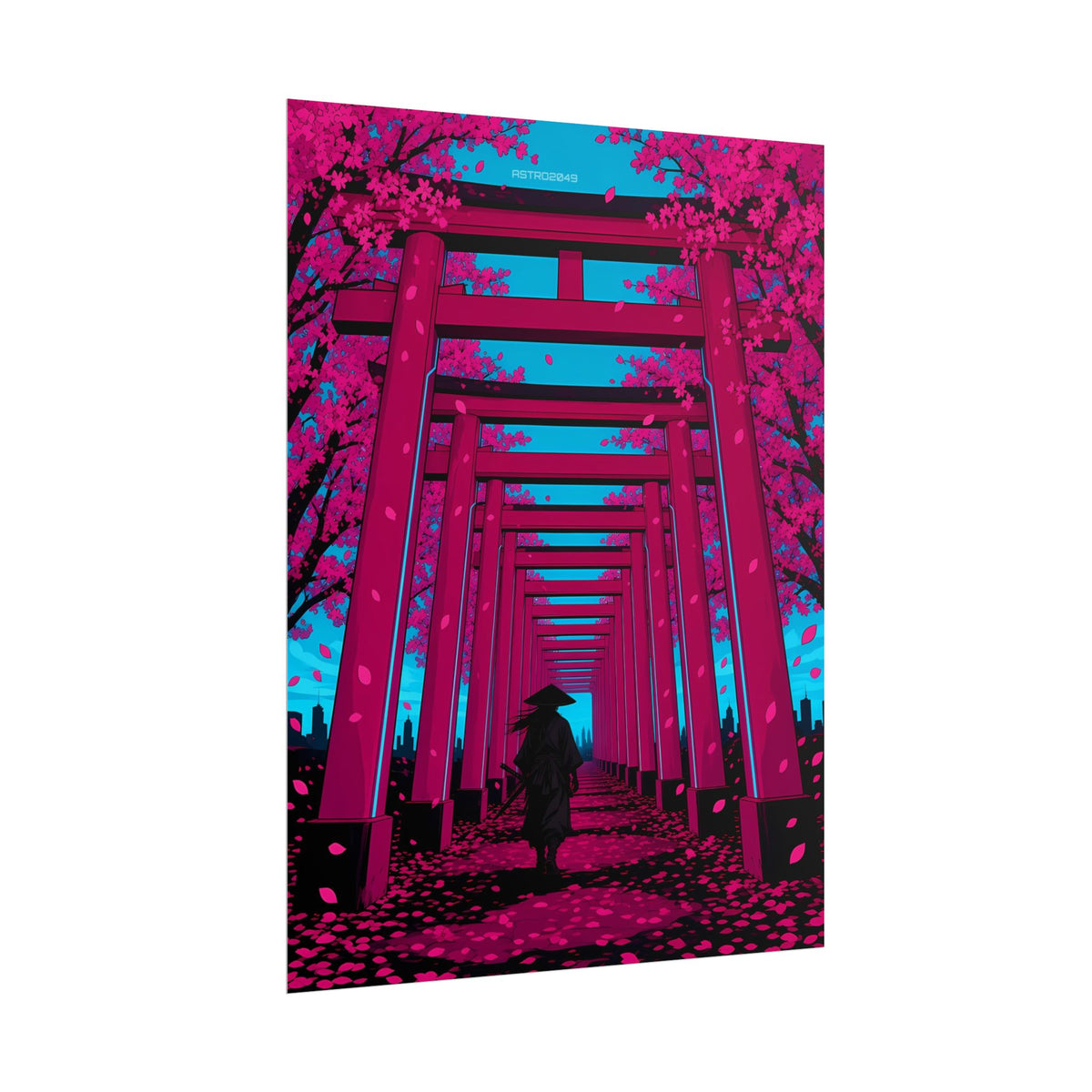 Torii Tunnel Samurai poster hanging above a dark gaming desk with neon lighting, view 7 of 8