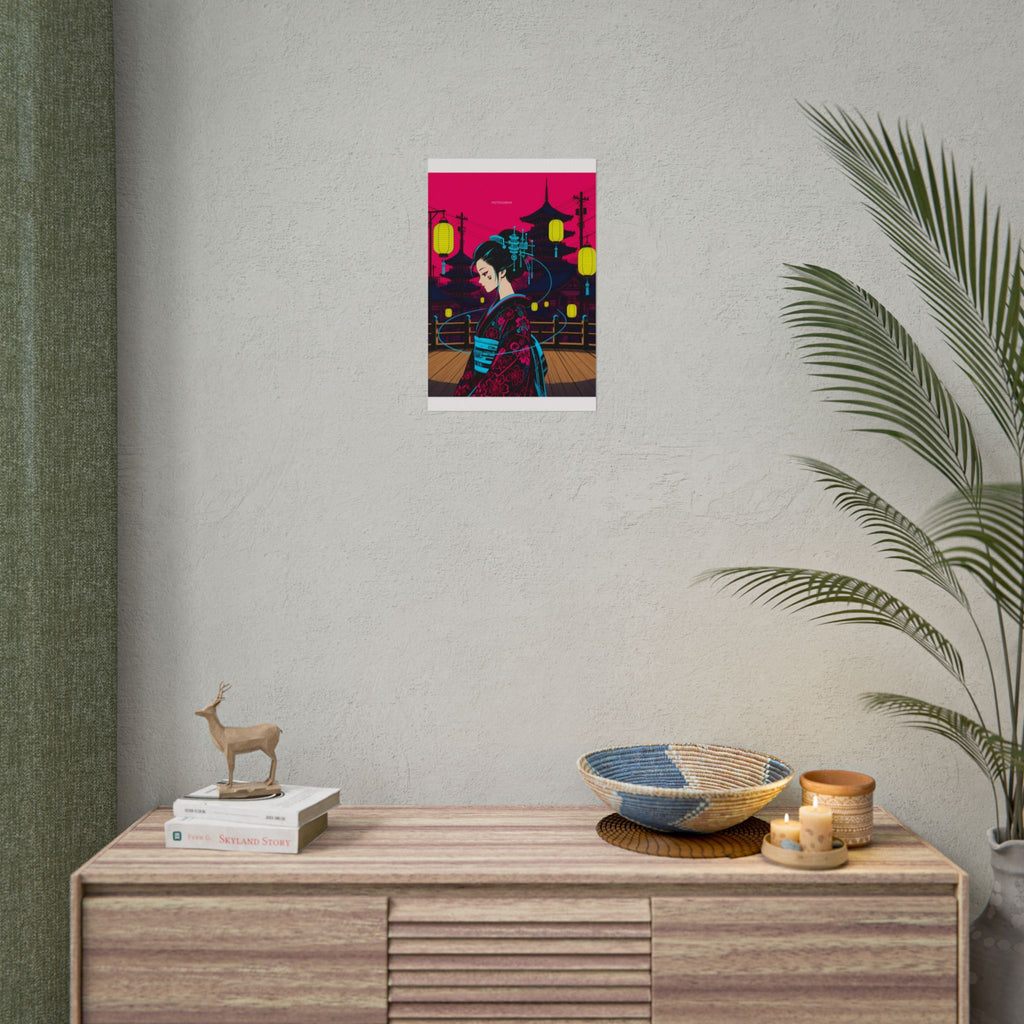Lantern Bridge Geisha poster hanging above a dark gaming desk with neon lighting, view 5 of 8