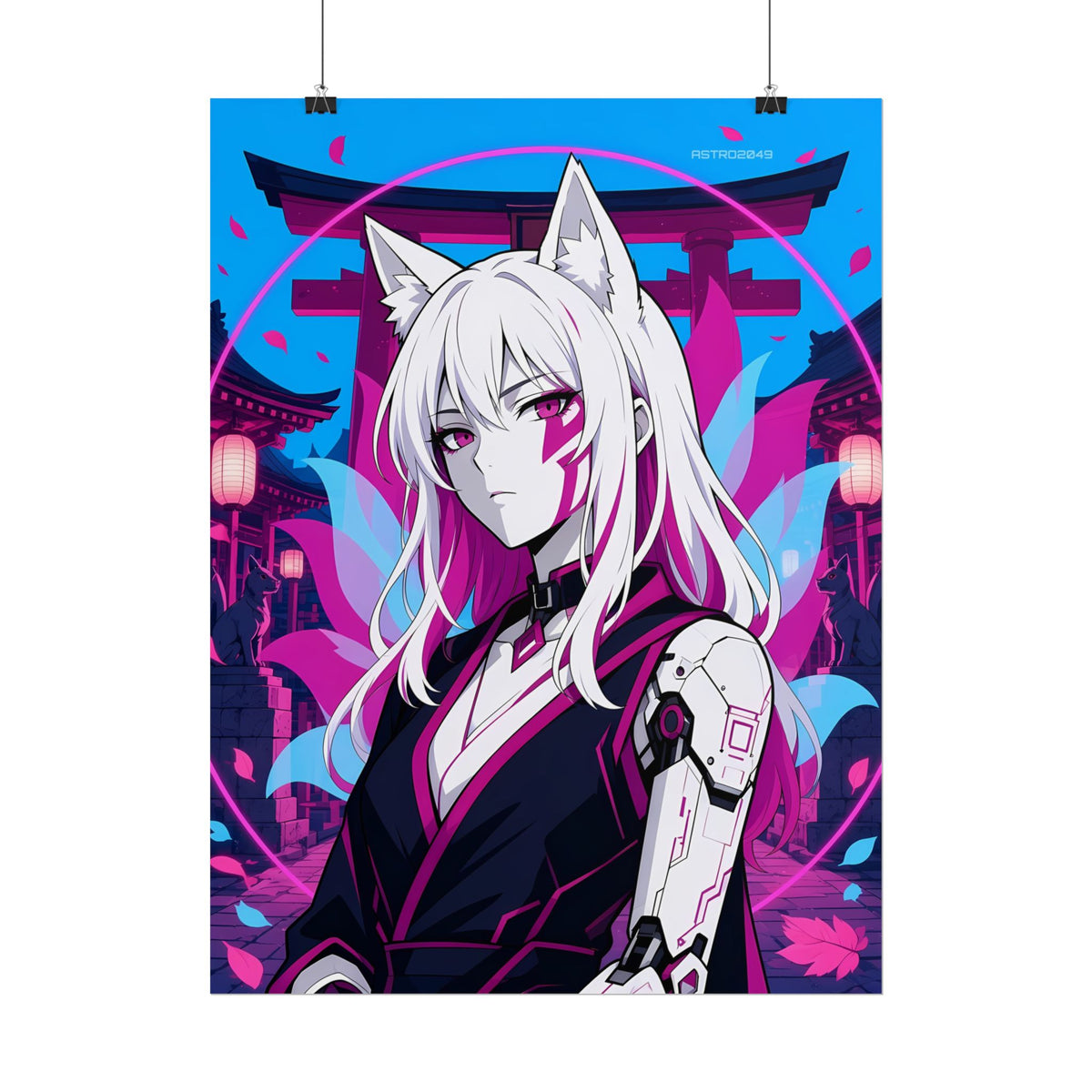 Cyber Kitsune Guardian poster hanging above a dark gaming desk with neon lighting, view 6 of 8