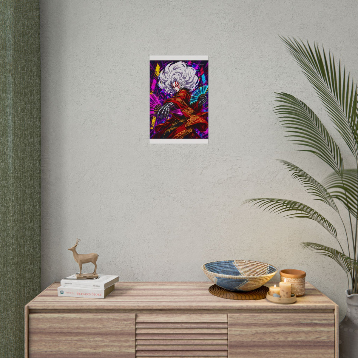 Kabuki Glitch Dancer poster hanging above a dark gaming desk with neon lighting, view 5 of 8
