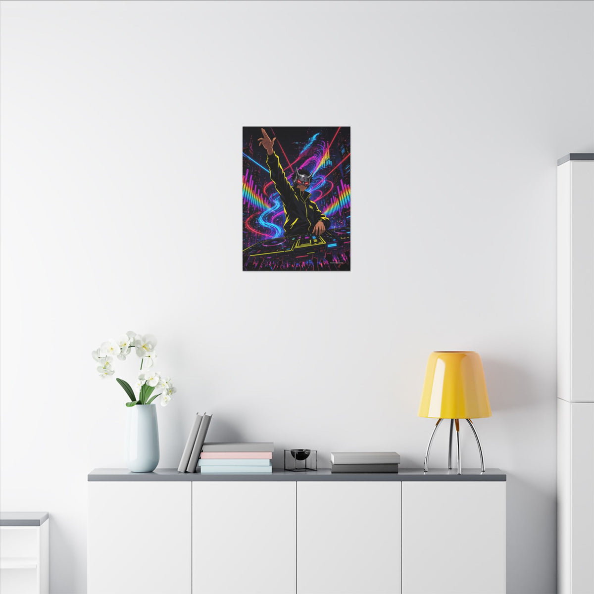 Bassline Oni DJ canvas hanging above a dark gaming desk with neon lighting, view 5 of 8