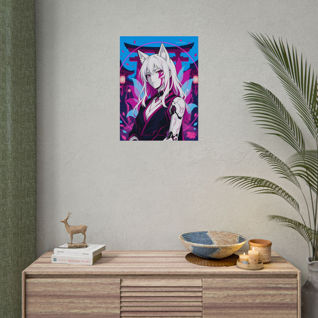 Cyber Kitsune Guardian poster hanging above a dark gaming desk with neon lighting, view 8 of 8