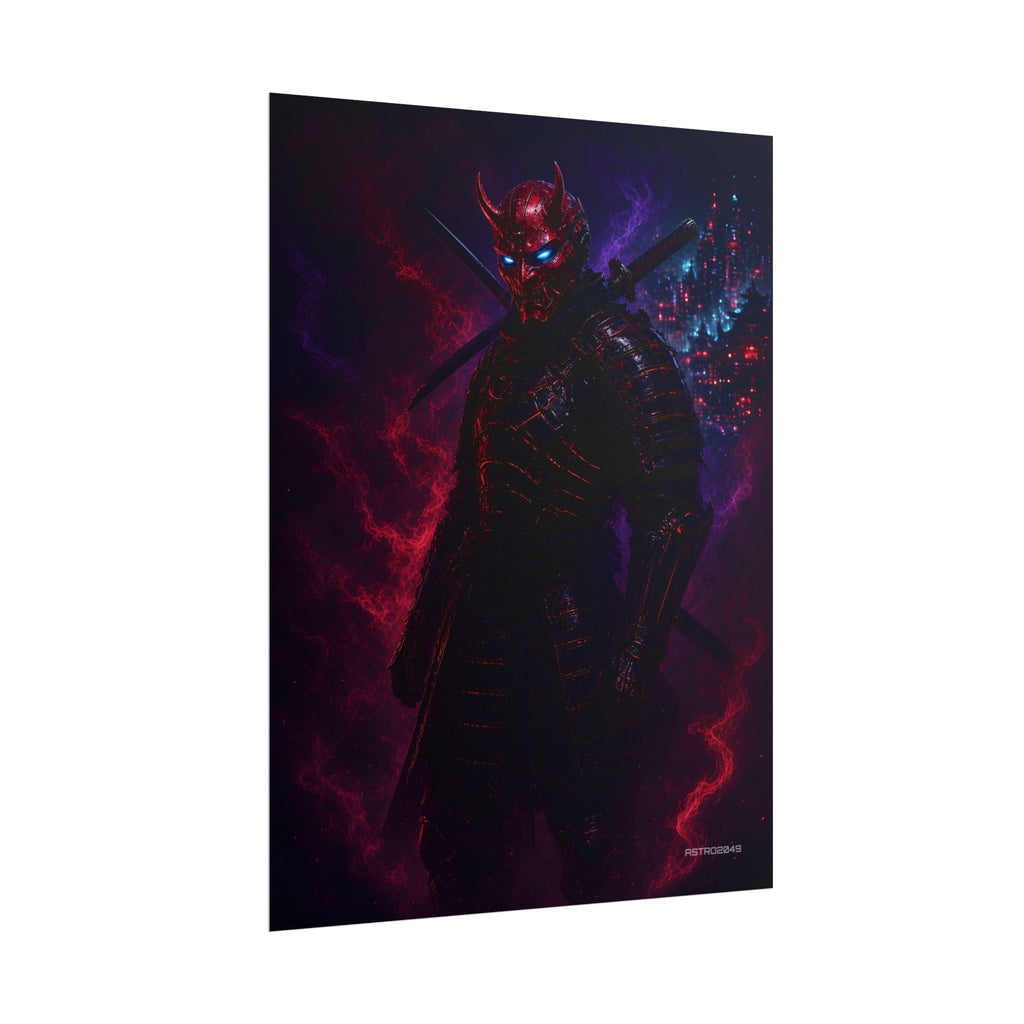 Oni Mask Ronin poster hanging above a dark gaming desk with neon lighting, view 7 of 8