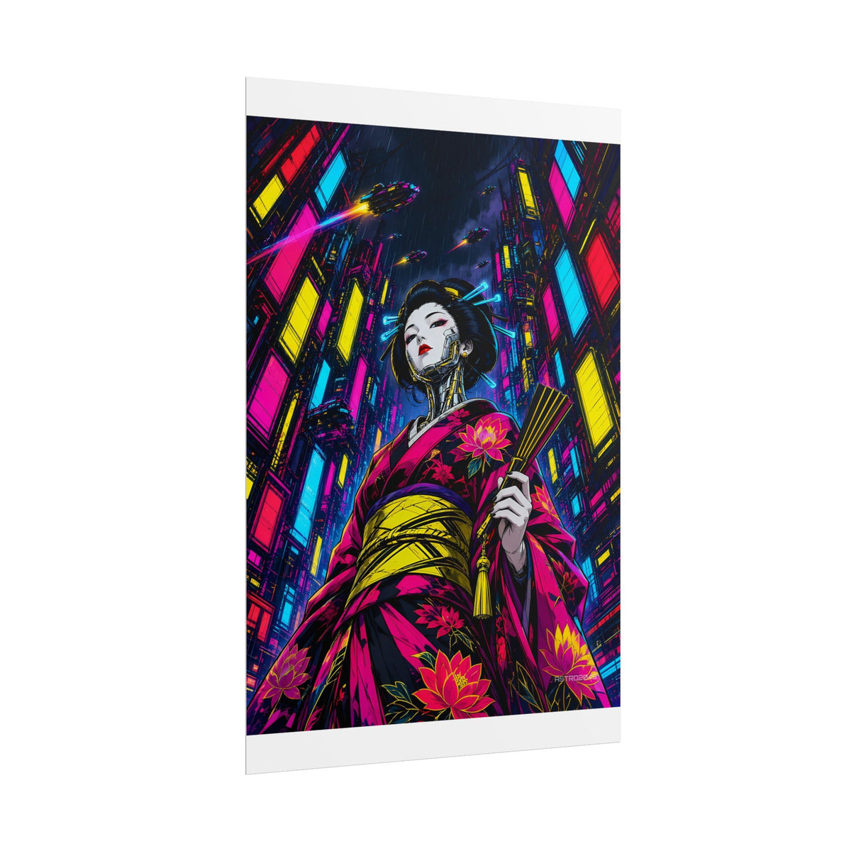 Chrome Lotus Geisha poster hanging above a dark gaming desk with neon lighting, view 4 of 8