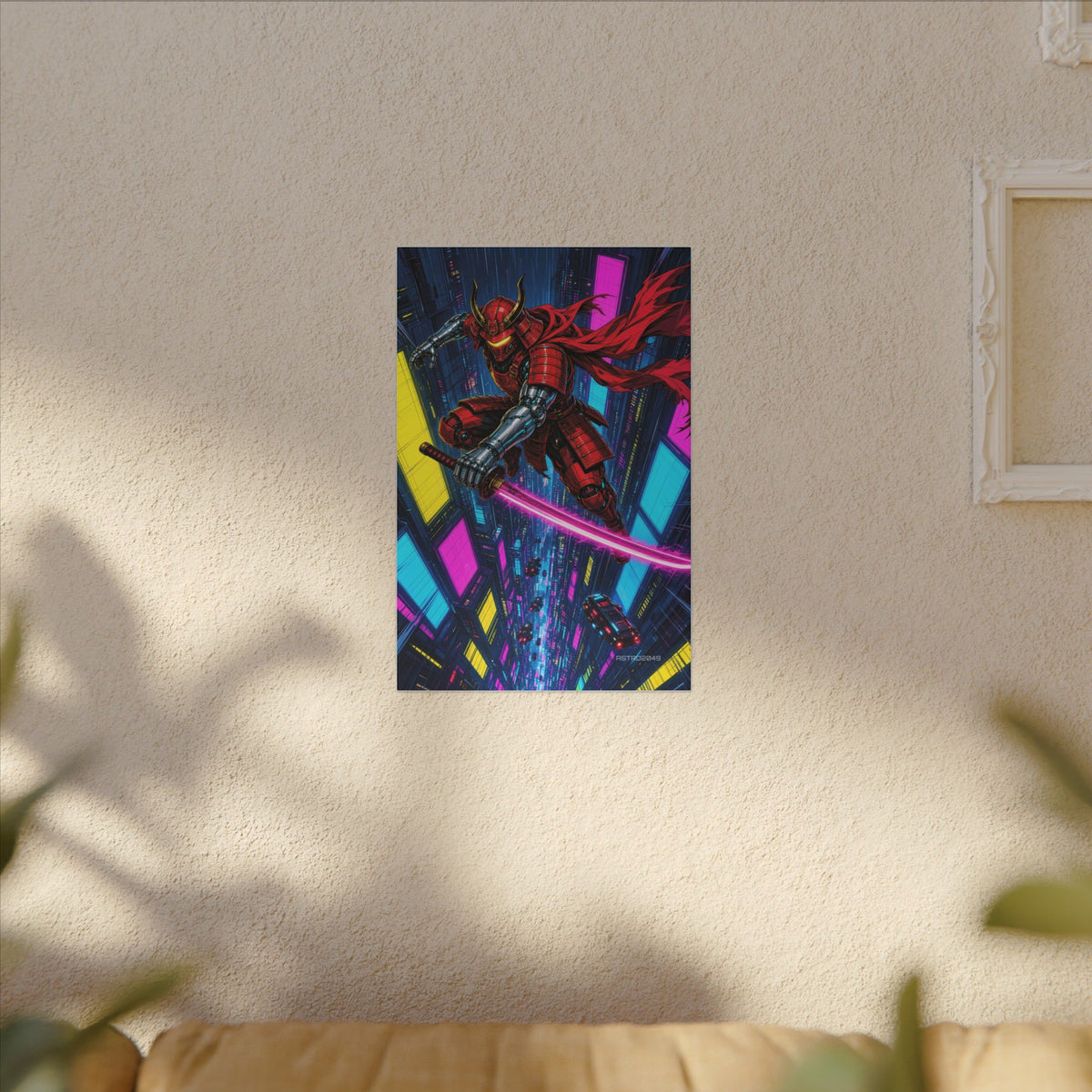 Skyfall Chrome Samurai canvas hanging above a dark gaming desk with neon lighting, view 7 of 8
