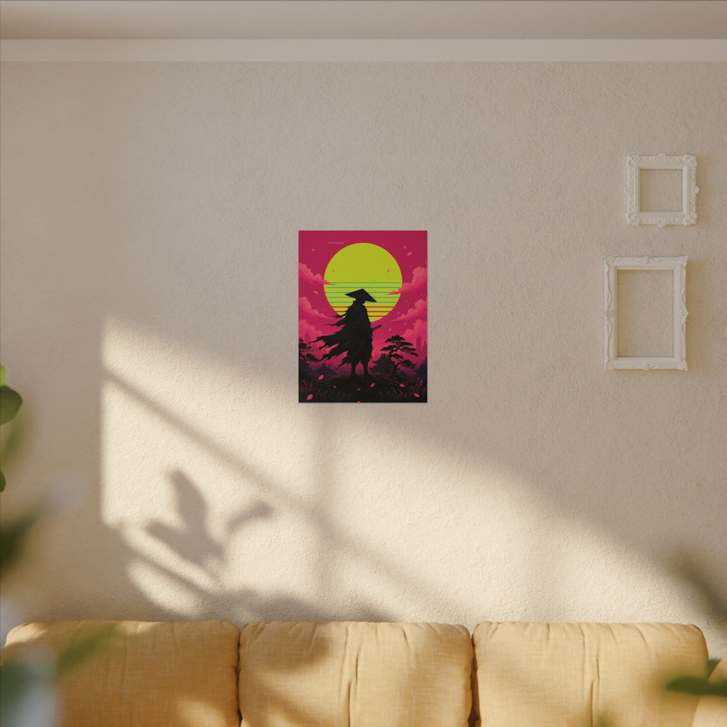 Retrowave Sun Ronin canvas hanging above a dark gaming desk with neon lighting, view 4 of 8