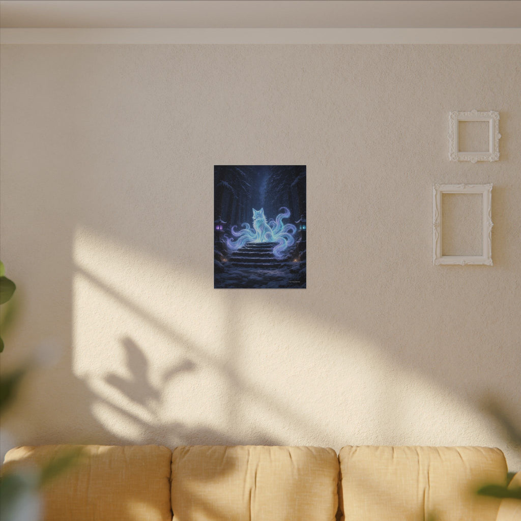 Snow Shrine Kitsune canvas hanging above a dark gaming desk with neon lighting, view 4 of 8