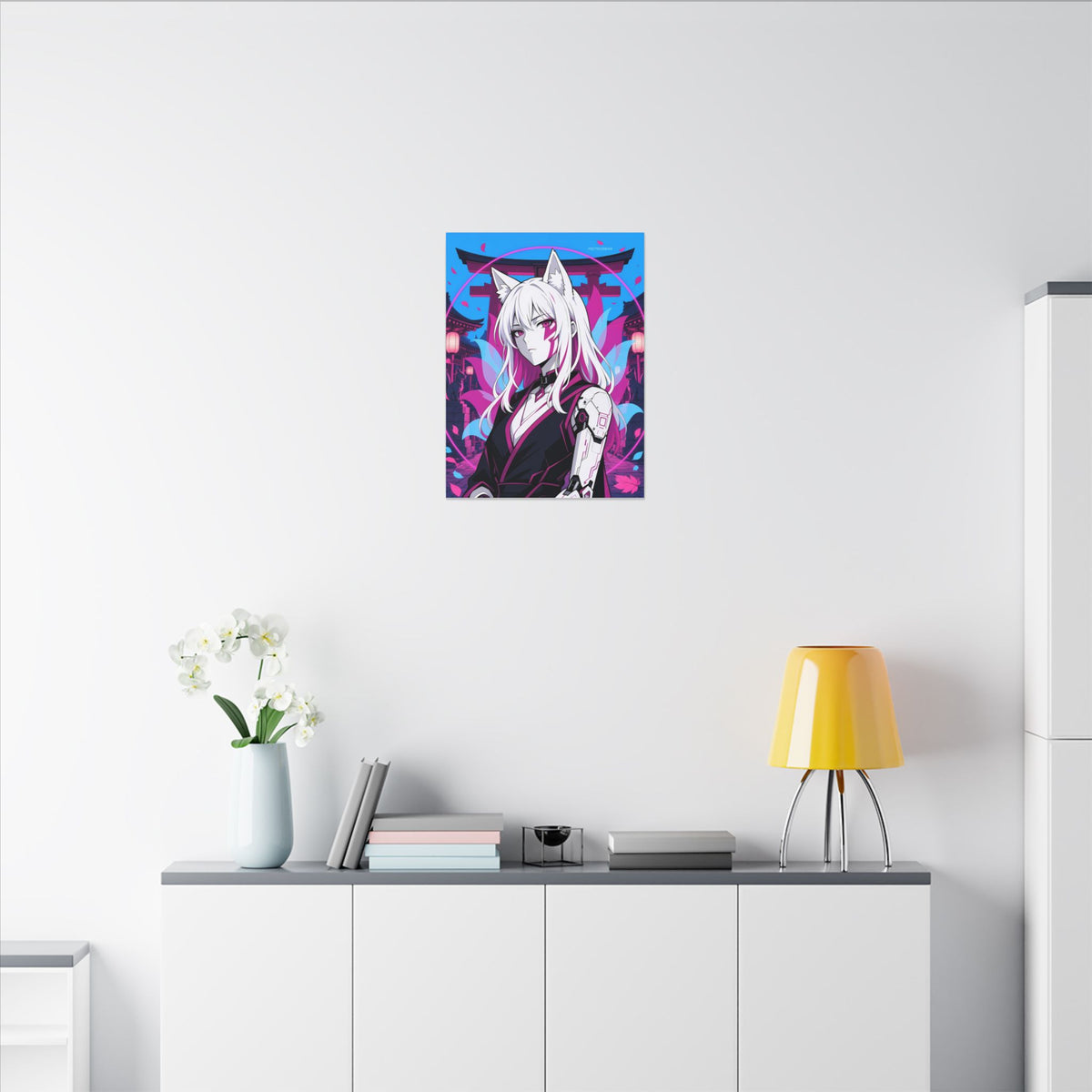 Cyber Kitsune Guardian canvas hanging above a dark gaming desk with neon lighting, view 5 of 8