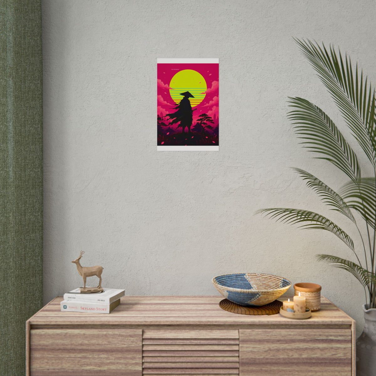 Retrowave Sun Ronin poster hanging above a dark gaming desk with neon lighting, view 5 of 8