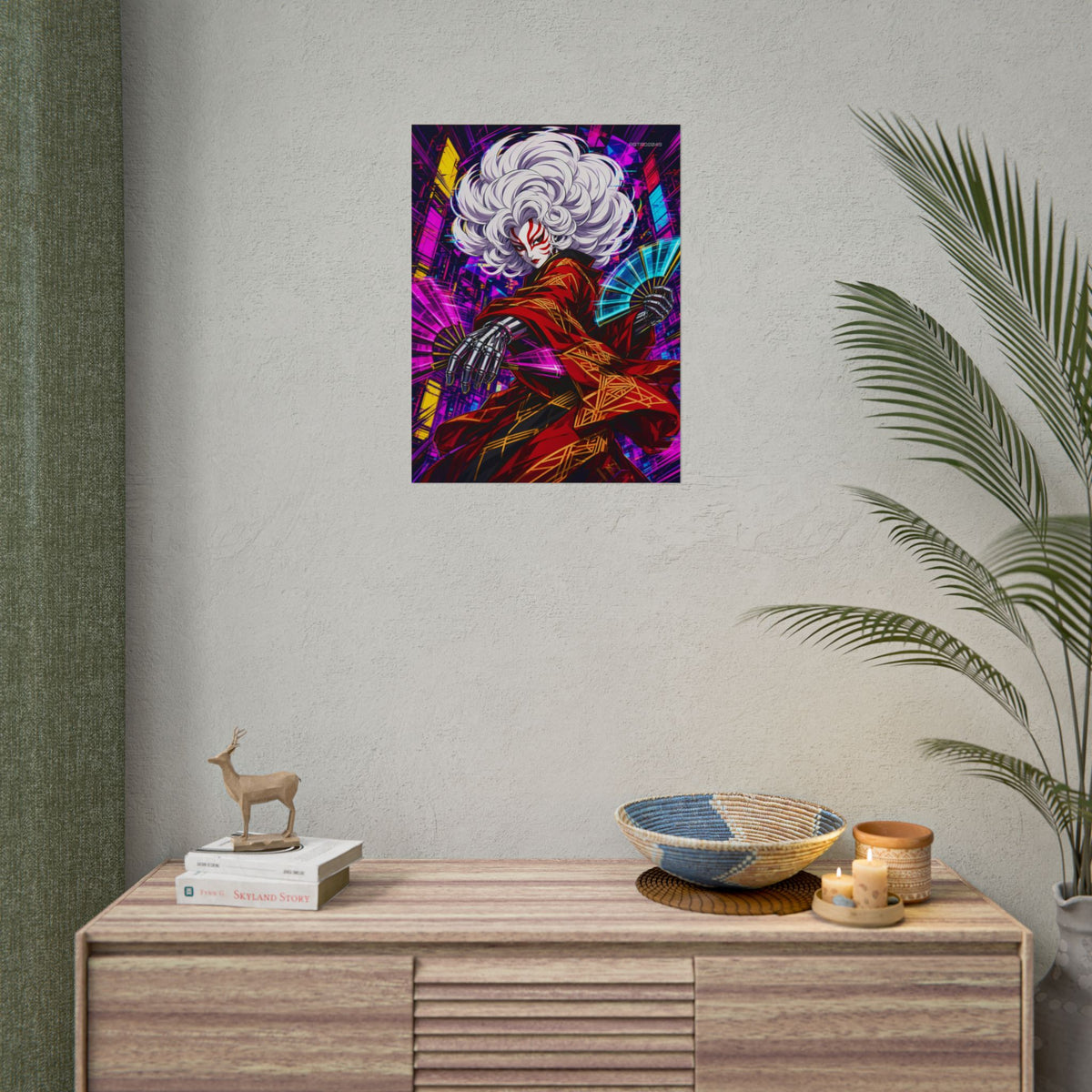 Kabuki Glitch Dancer poster hanging above a dark gaming desk with neon lighting, view 8 of 8