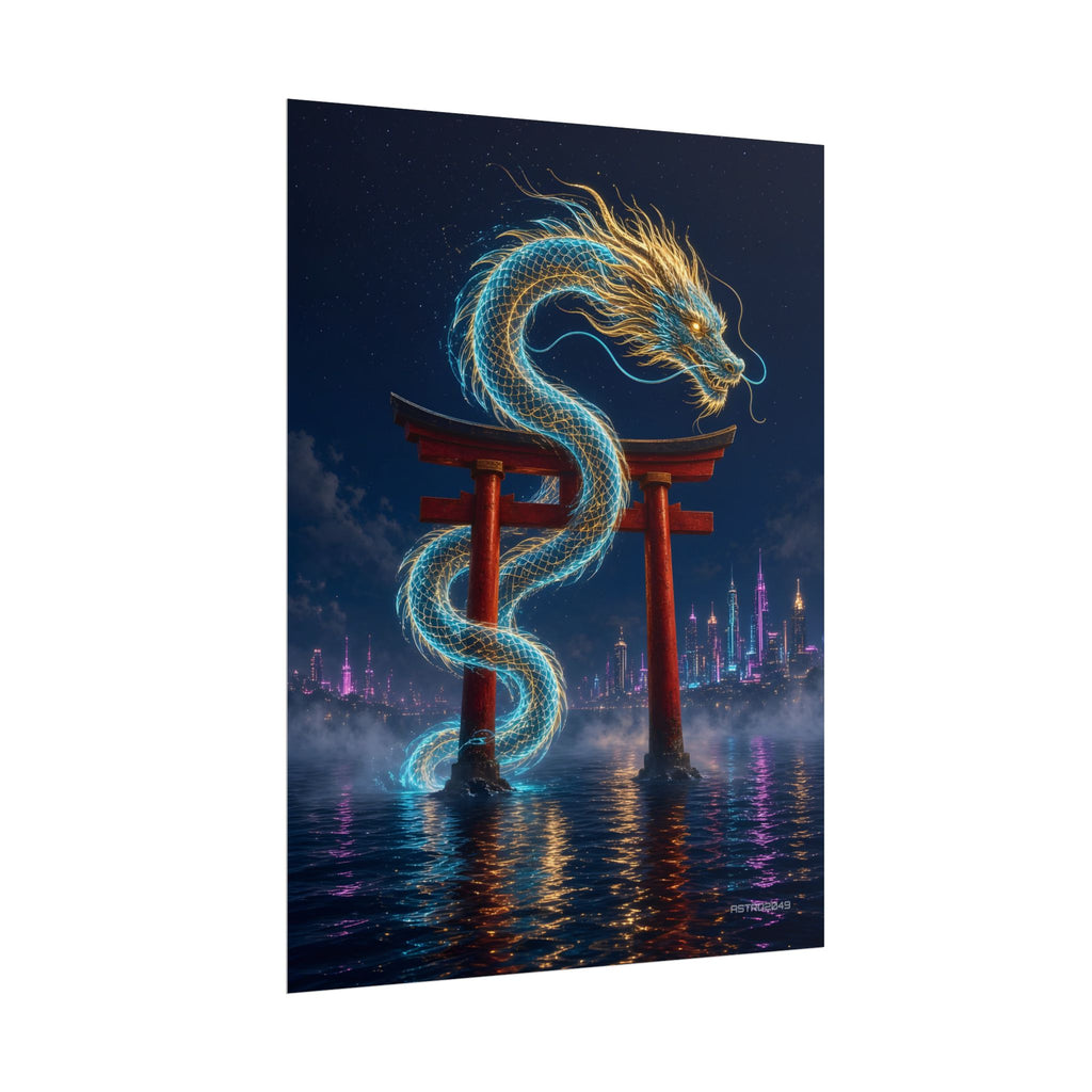 Tide Gate Dragon poster hanging above a dark gaming desk with neon lighting, view 7 of 8