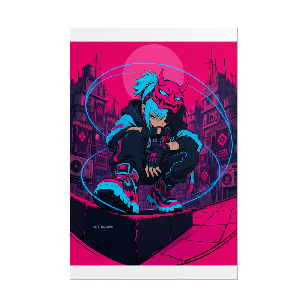 Vertical anime-style art of a cyan-haired netrunner in a red horned oni mask crouching on a magenta rooftop above the city, poster by ASTRO2049