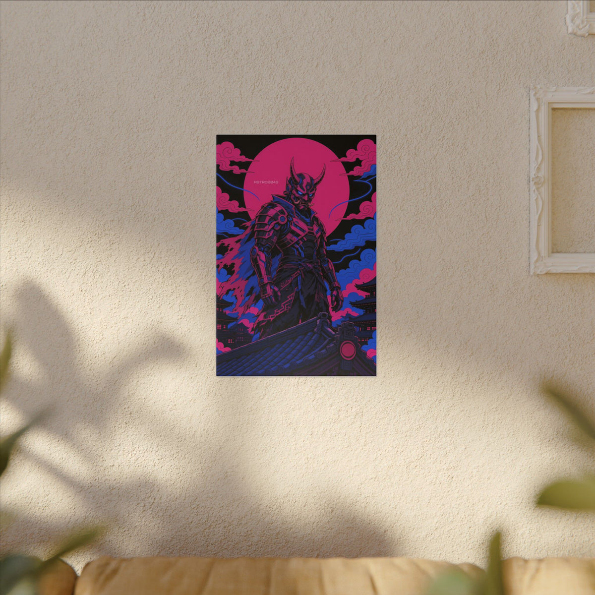 Temple Roof Oni Warlord canvas hanging above a dark gaming desk with neon lighting, view 7 of 8