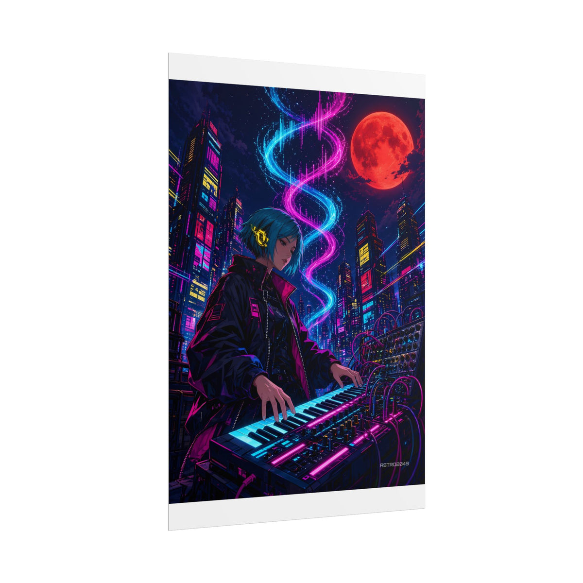 Rooftop Synth Runner poster hanging above a dark gaming desk with neon lighting, view 4 of 8