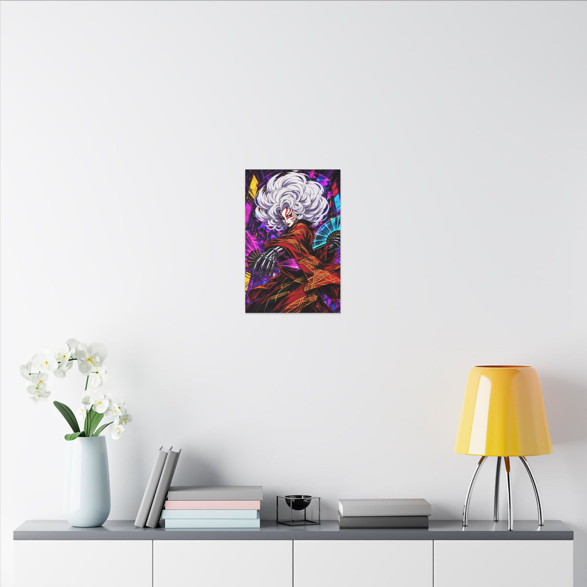Kabuki Glitch Dancer canvas hanging above a dark gaming desk with neon lighting, view 8 of 8