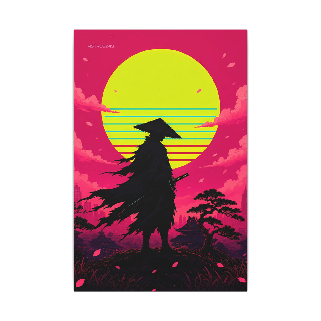 Retrowave Sun Ronin canvas hanging above a dark gaming desk with neon lighting, view 2 of 8