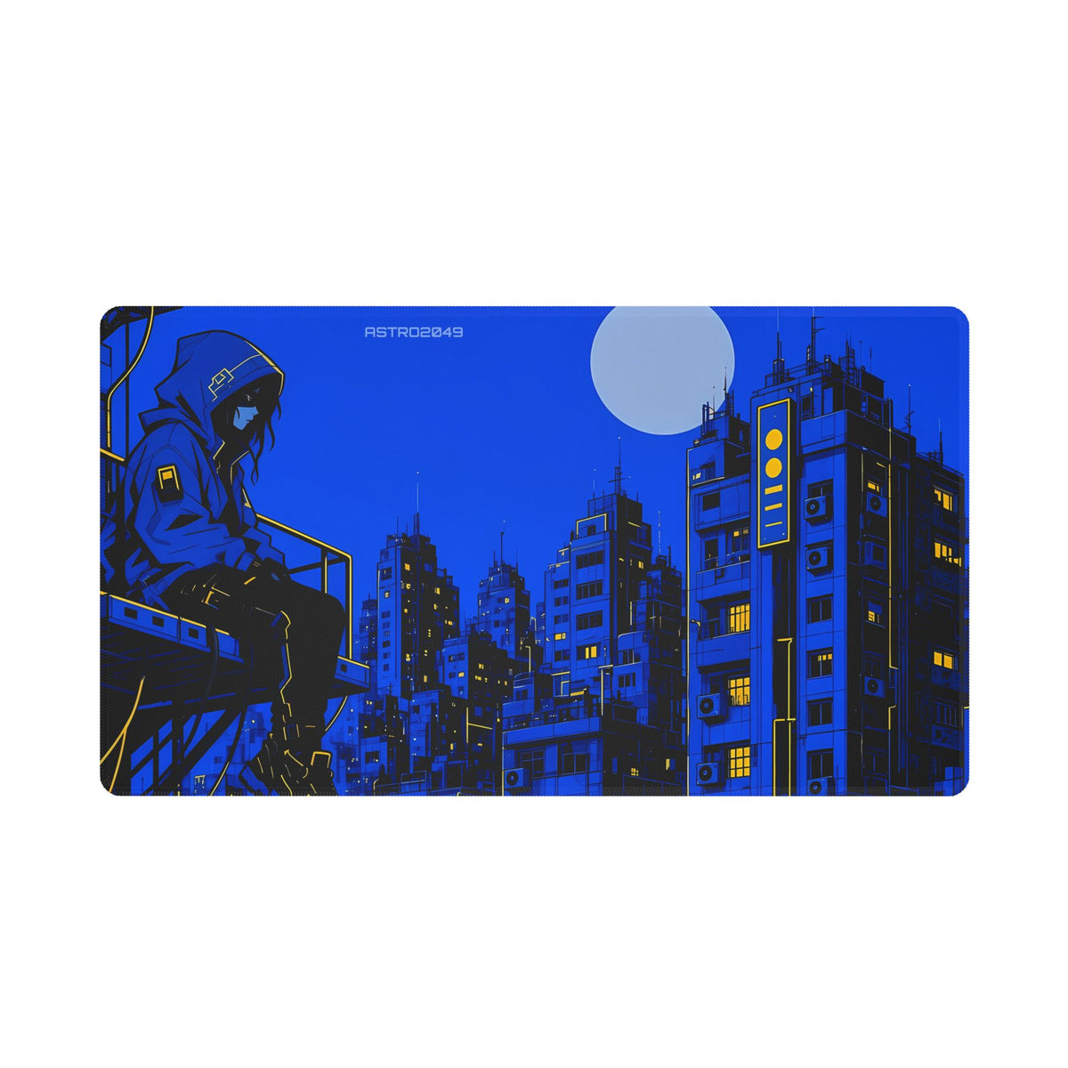 Anime-style hooded netrunner sitting on a fire escape above a dense electric-blue city with a full moon, desk mat by ASTRO2049