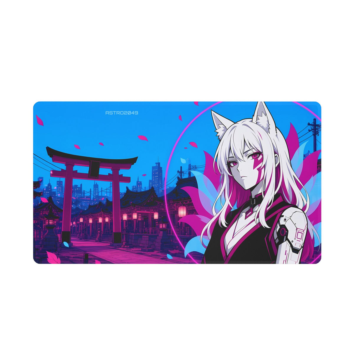 Anime-style white-haired fox-eared guardian with a white cyborg arm in front of a glowing torii gate and stone lanterns at a magenta and cyan neon shrine, desk mat by ASTRO2049
