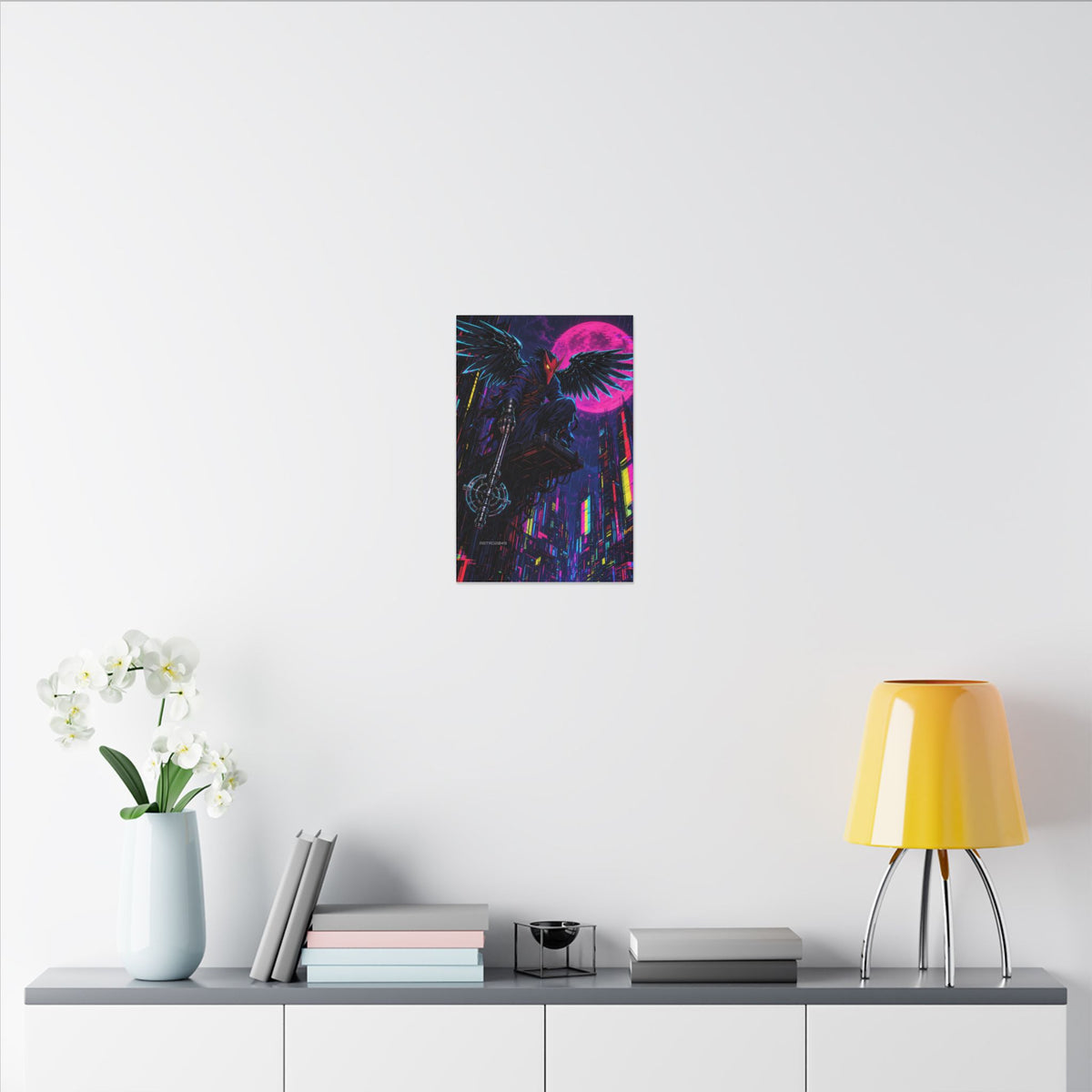 Chrome Tengu Sentinel canvas hanging above a dark gaming desk with neon lighting, view 8 of 8