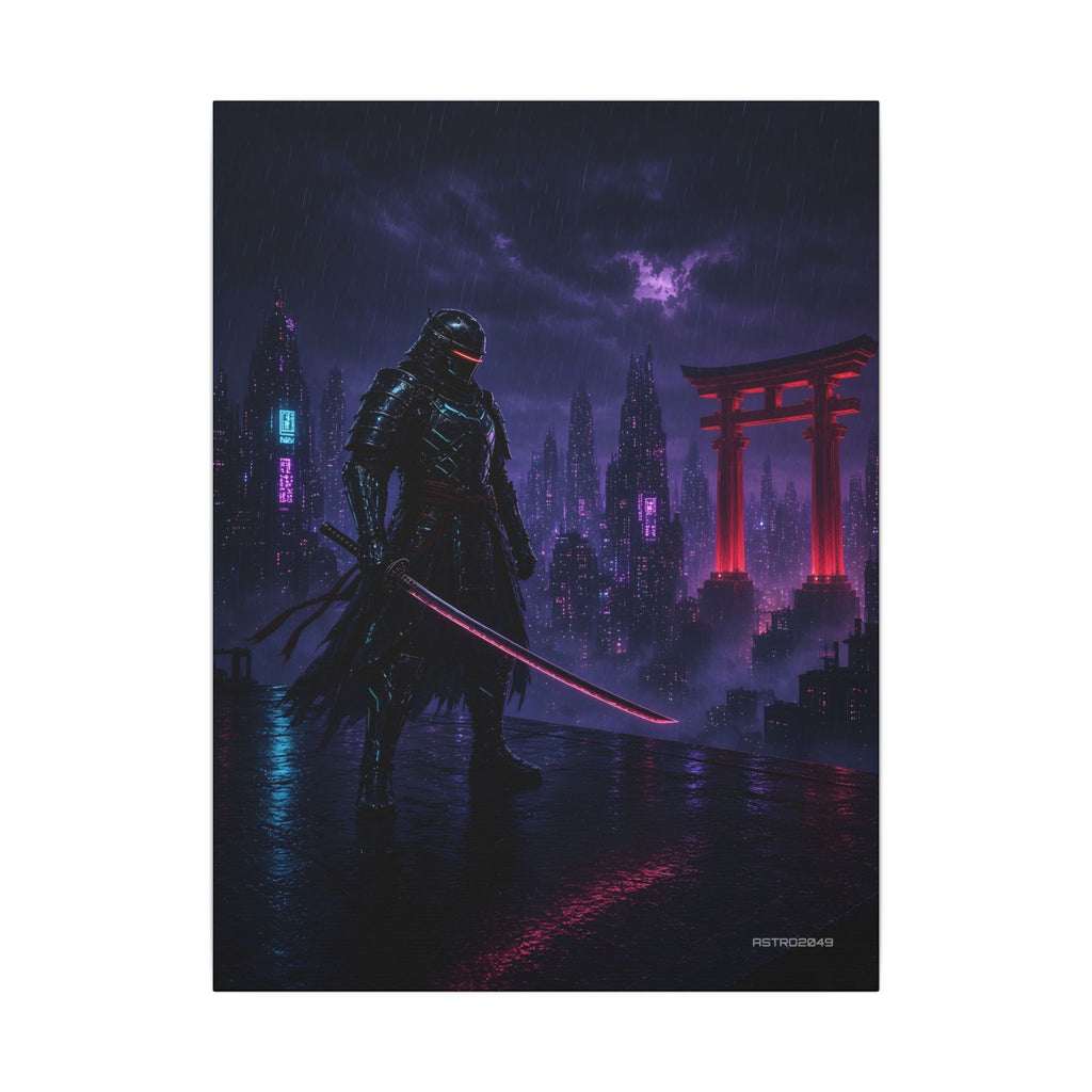 Crimson Gate Ronin canvas print, 18 x 24 in – a neon samurai on a rainy rooftop by a red torii gate, original cyberpunk samurai art by ASTRO2049