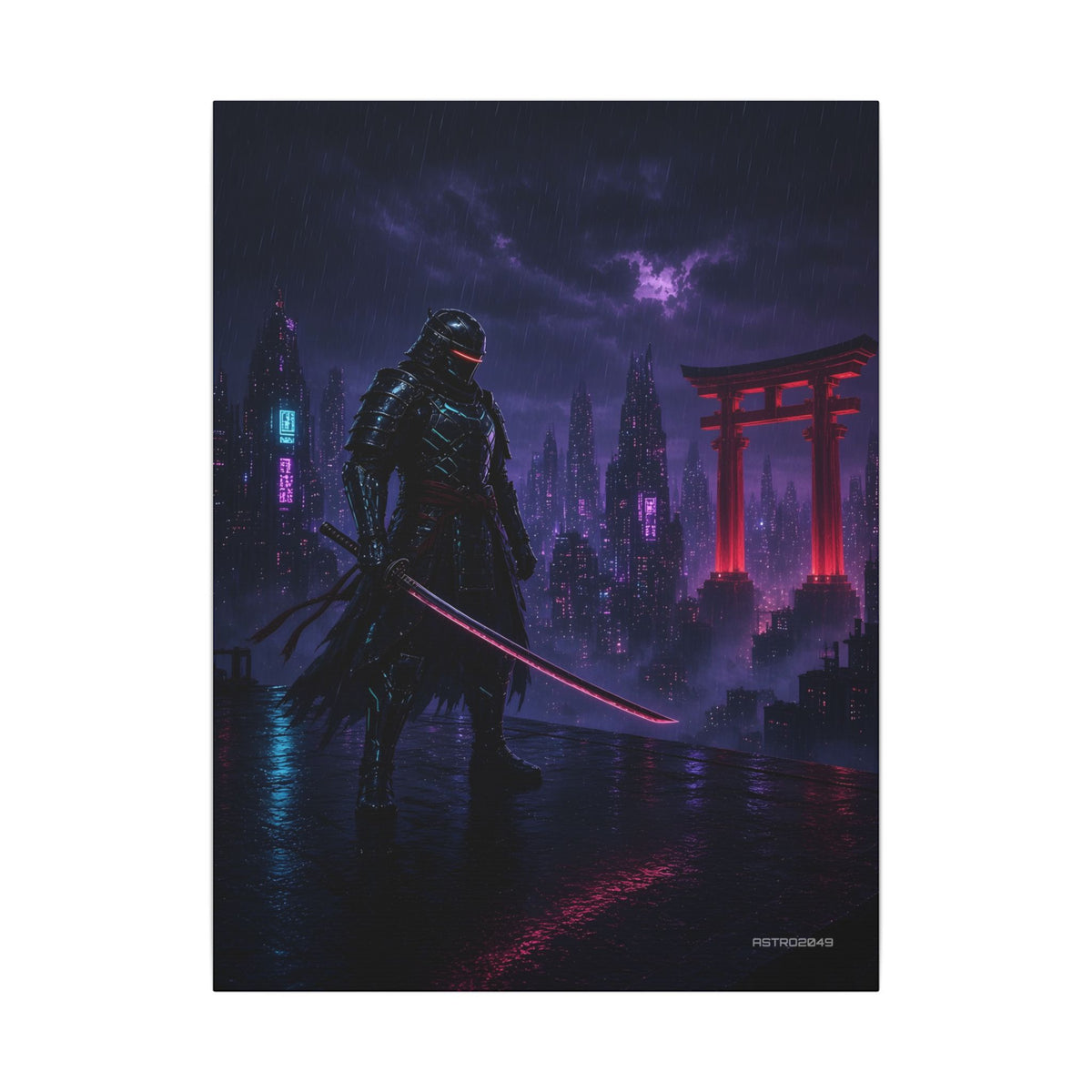 Crimson Gate Ronin canvas print, 18 x 24 in – a neon samurai on a rainy rooftop by a red torii gate, original cyberpunk samurai art by ASTRO2049