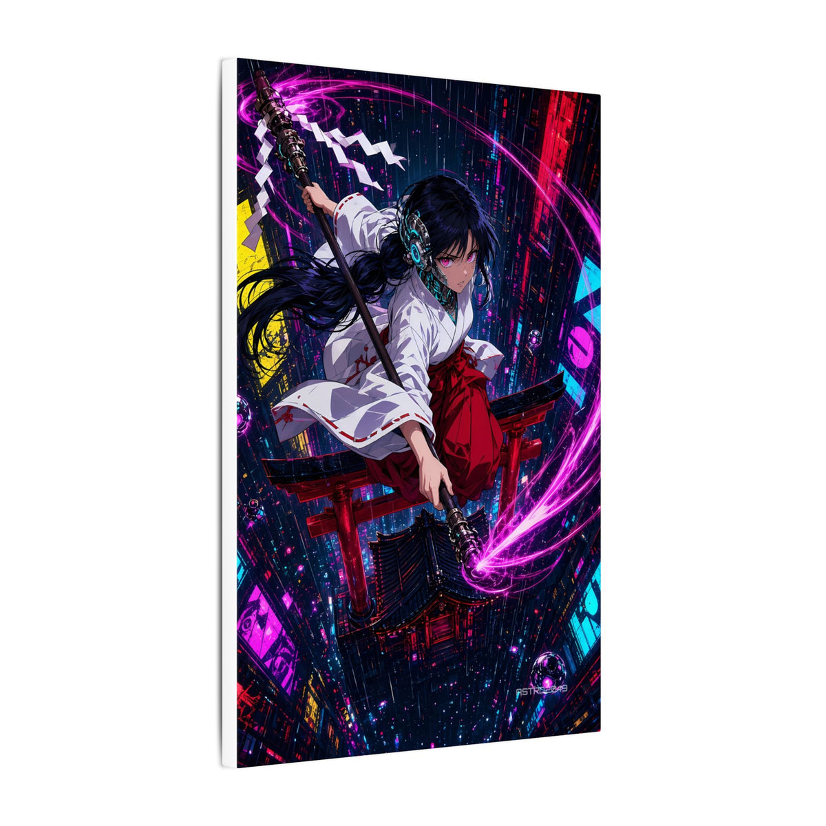 Neon Shrine Maiden canvas hanging above a dark gaming desk with neon lighting, view 6 of 8
