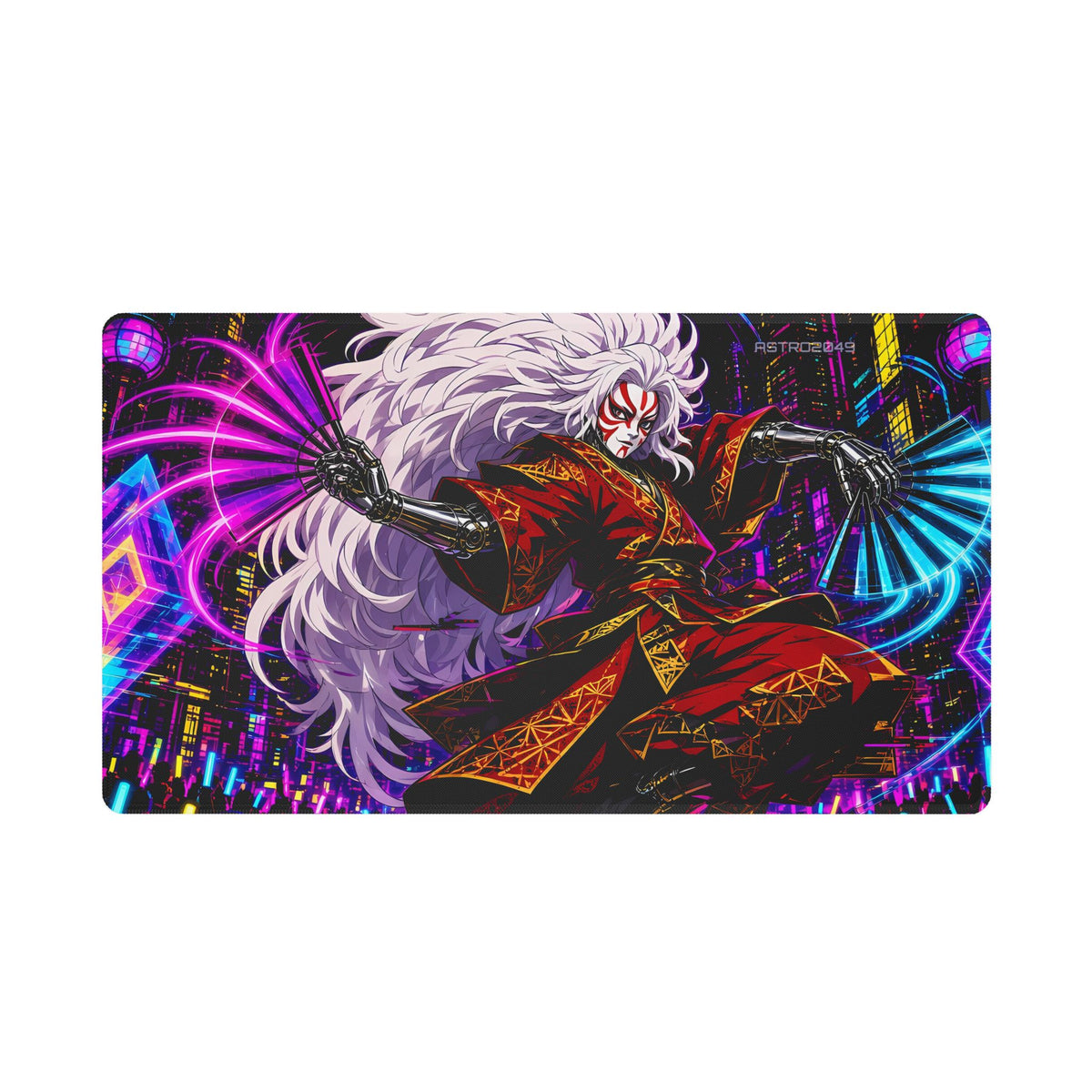 Anime-style kabuki dancer with red-and-white face paint and a huge white mane spinning two neon fans in chrome hands on a stage, crowd with light sticks and neon towers behind, desk mat by ASTRO2049