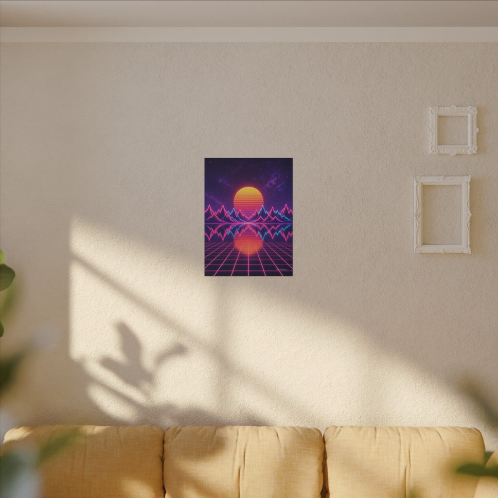 Waveform Sunset canvas hanging above a dark gaming desk with neon lighting, view 4 of 8