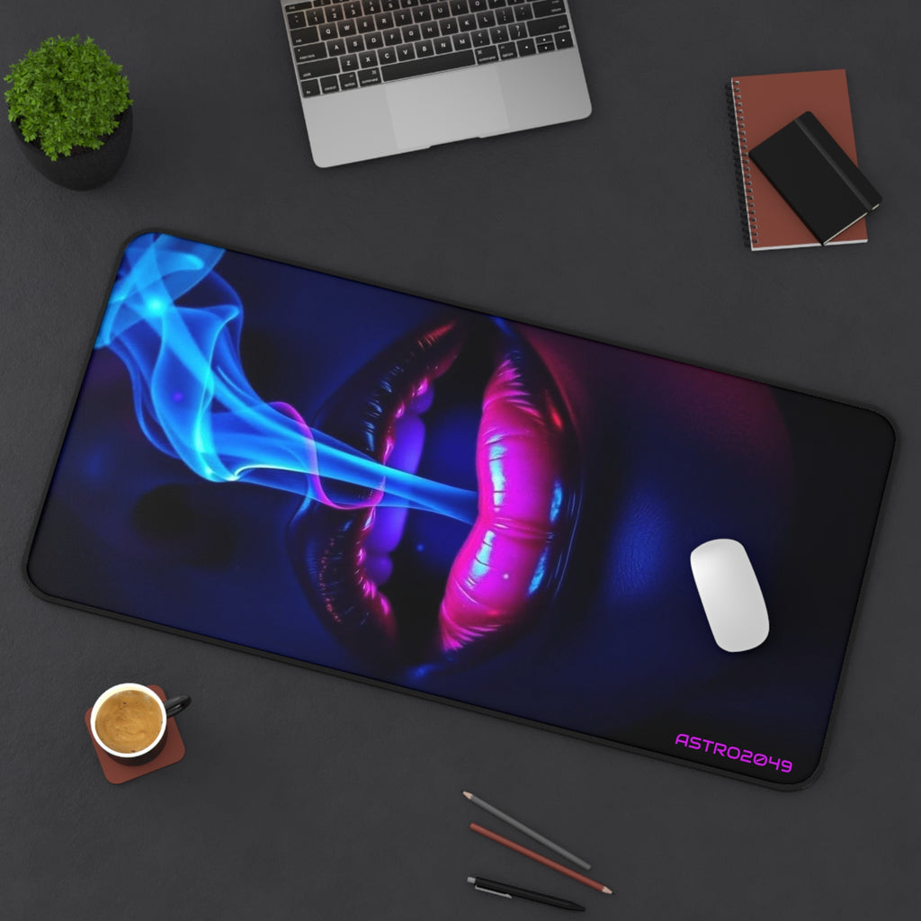 Neon Lips desk mat on a desk with keyboard and mouse, view 9 of 9