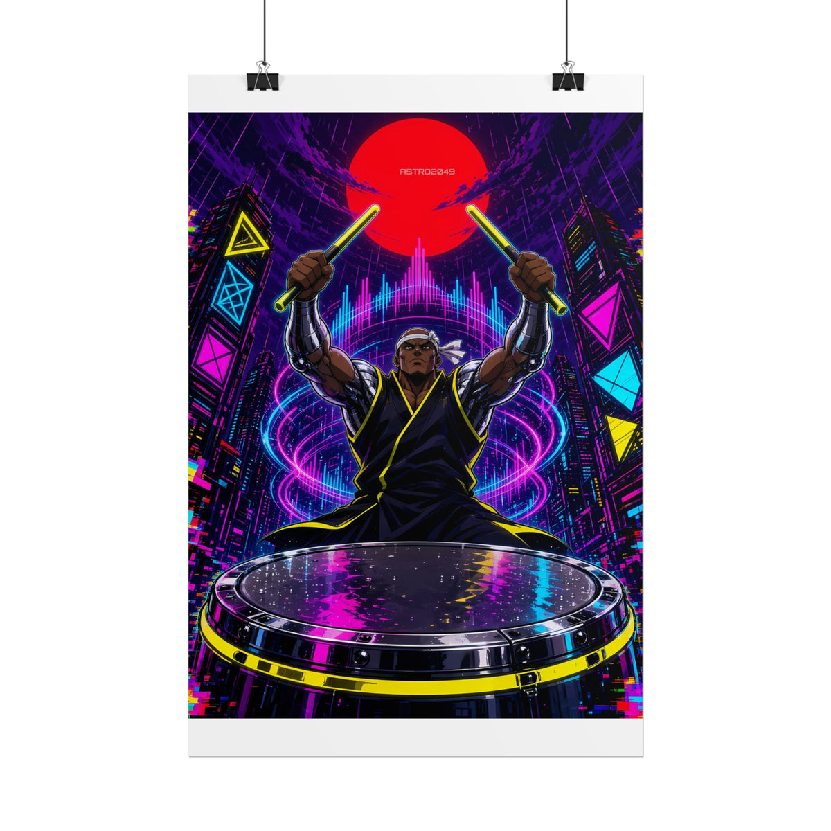 Taiko Thunder 2049 poster hanging above a dark gaming desk with neon lighting, view 3 of 8