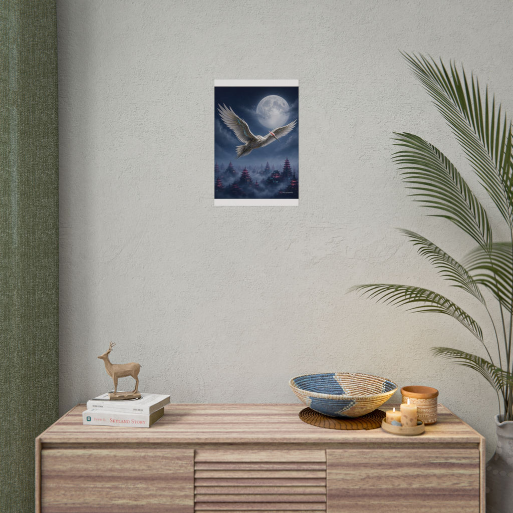 Moon Circuit Crane poster hanging above a dark gaming desk with neon lighting, view 5 of 8