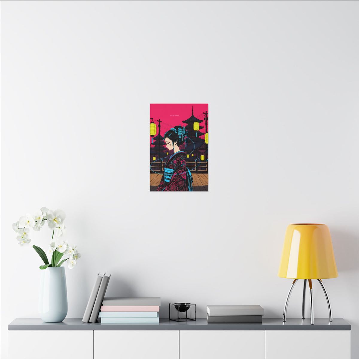 Lantern Bridge Geisha canvas hanging above a dark gaming desk with neon lighting, view 8 of 8