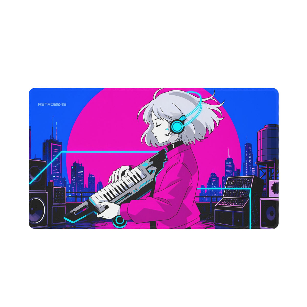 Anime-style white-haired girl with cyan headphones playing a white keytar on a rooftop with speakers, a magenta sun and an electric-blue skyline, desk mat by ASTRO2049
