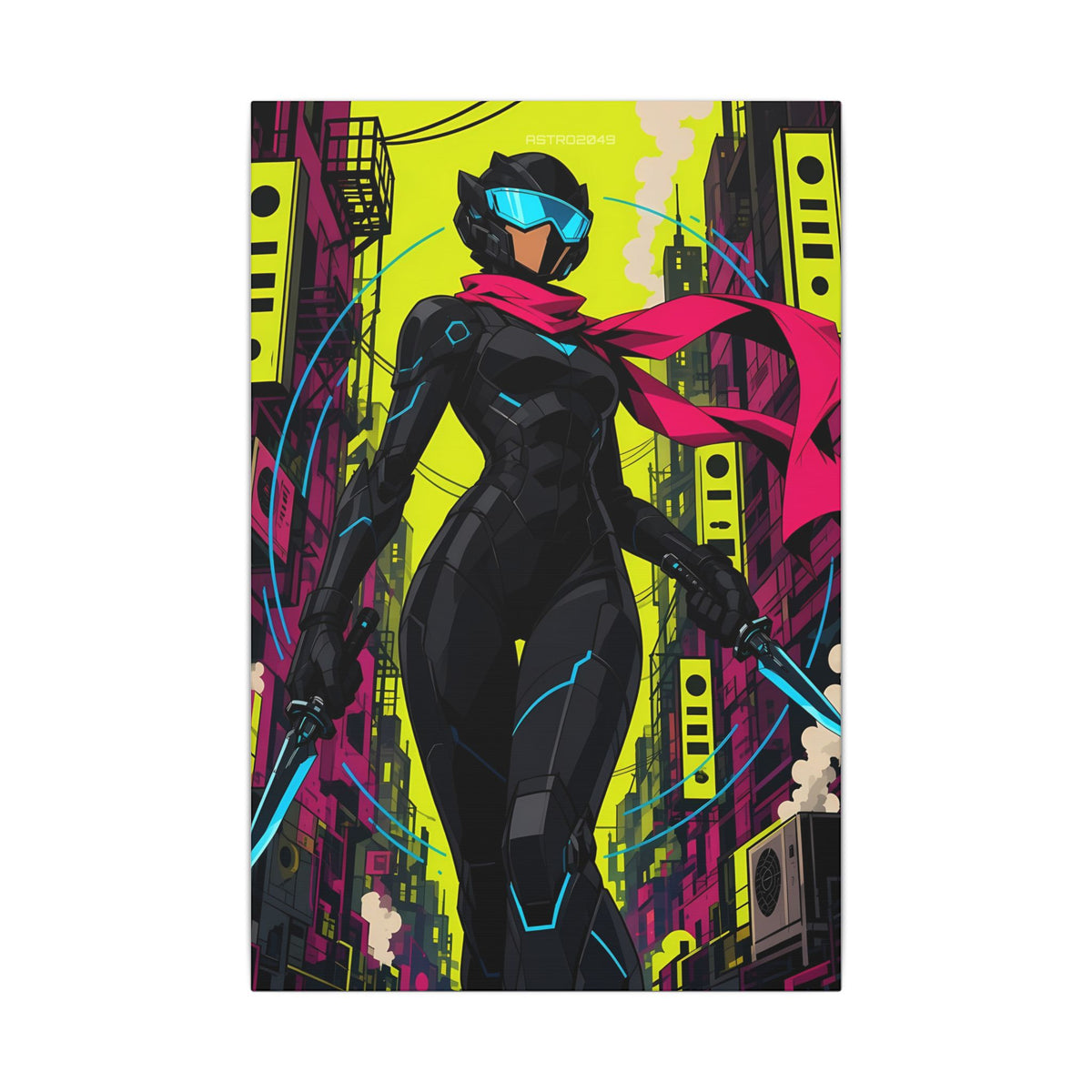 Vex Neon Ninja canvas hanging above a dark gaming desk with neon lighting, view 2 of 8