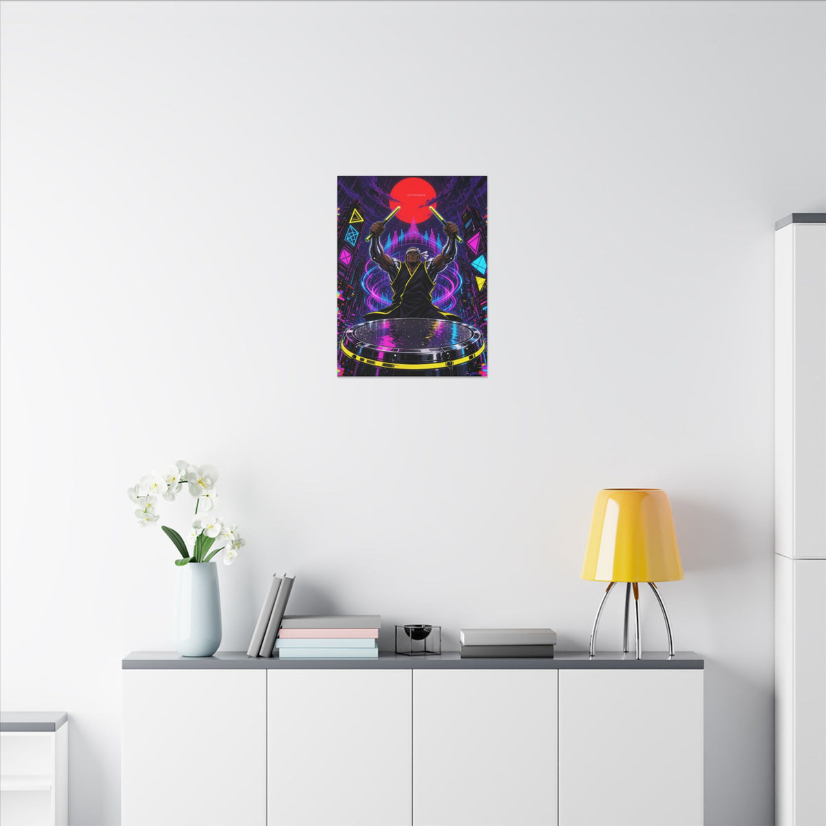Taiko Thunder 2049 canvas hanging above a dark gaming desk with neon lighting, view 5 of 8