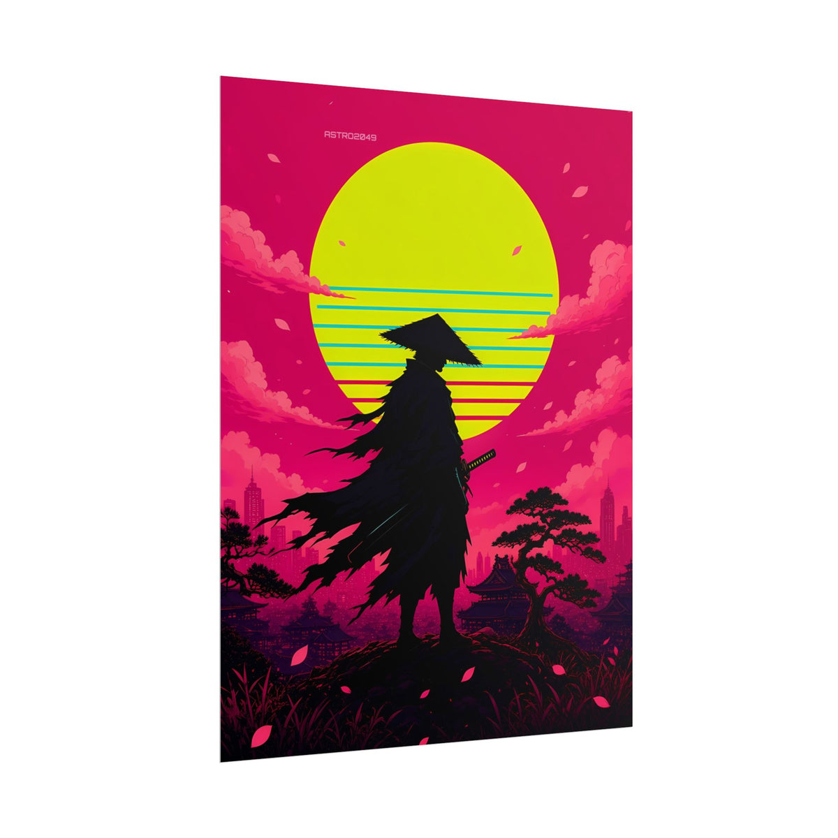Retrowave Sun Ronin poster hanging above a dark gaming desk with neon lighting, view 7 of 8