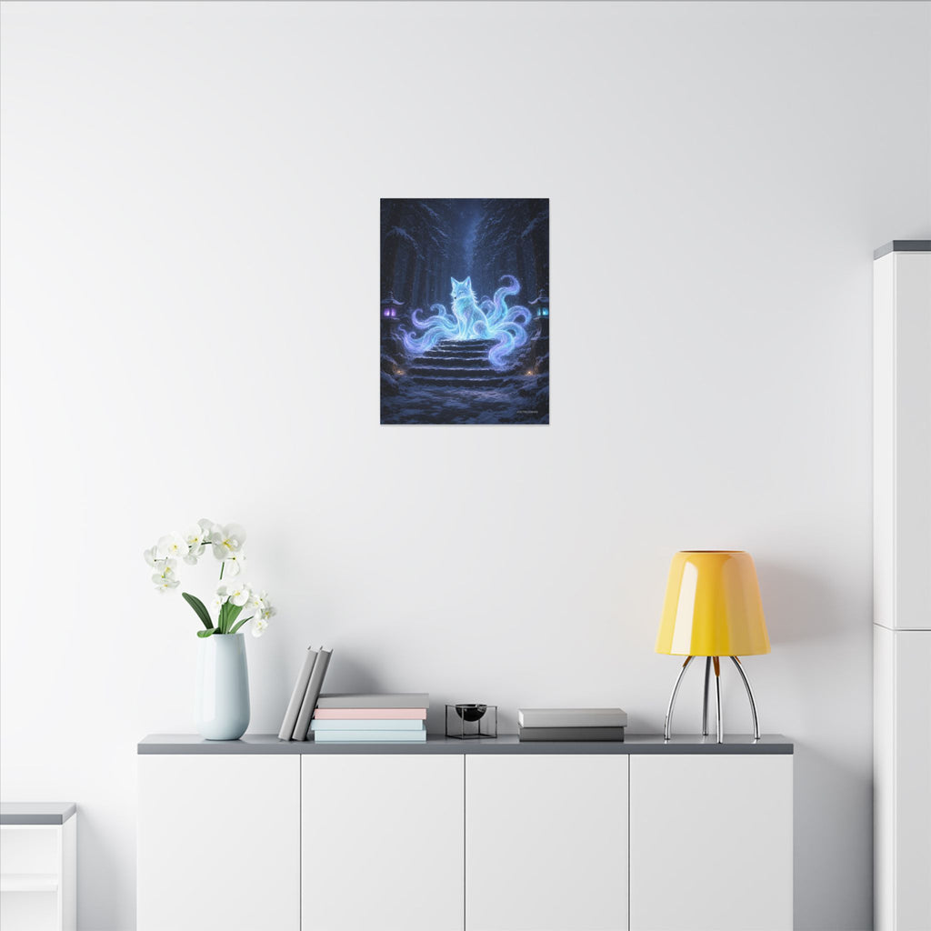 Snow Shrine Kitsune canvas hanging above a dark gaming desk with neon lighting, view 5 of 8