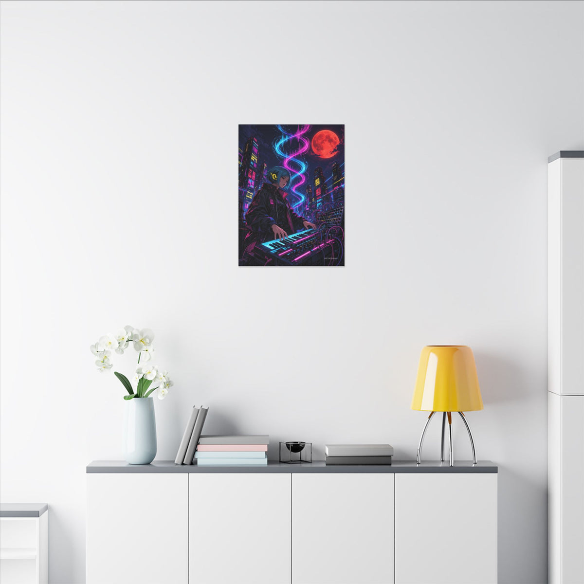 Rooftop Synth Runner canvas hanging above a dark gaming desk with neon lighting, view 5 of 8