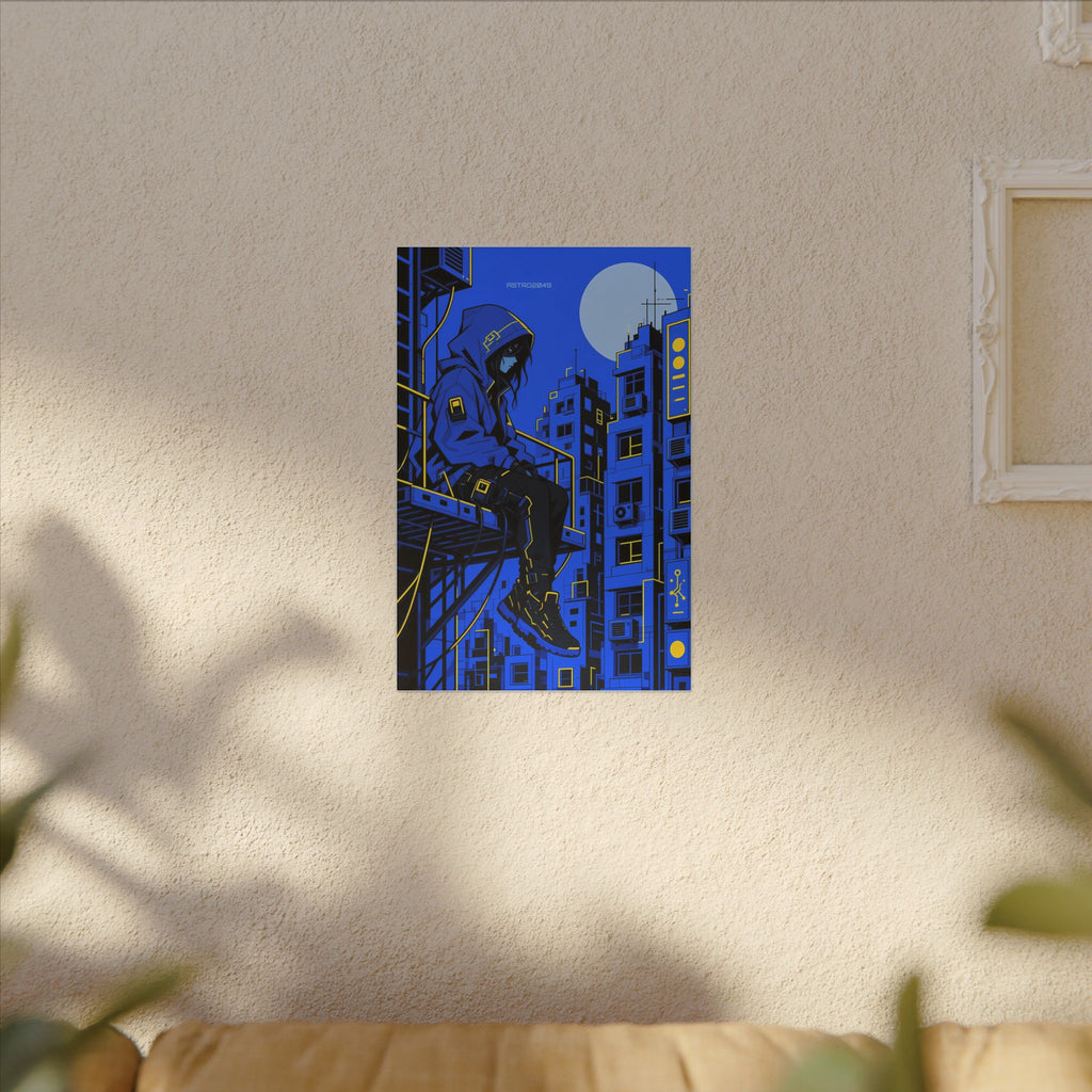 Fire Escape Netrunner canvas hanging above a dark gaming desk with neon lighting, view 7 of 8